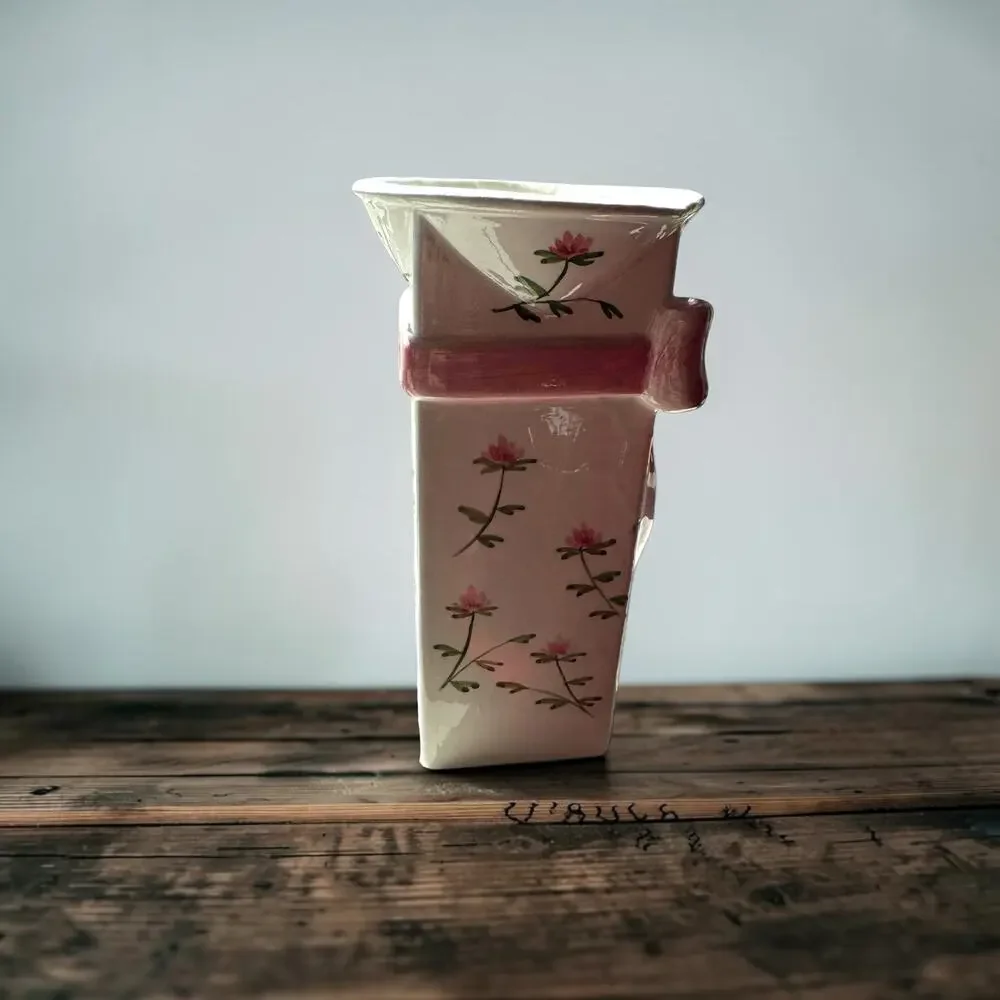 Vintage 1982 Sigma Mann Country Rose Hand Painted Ceramic Bow Vase Pink Floral